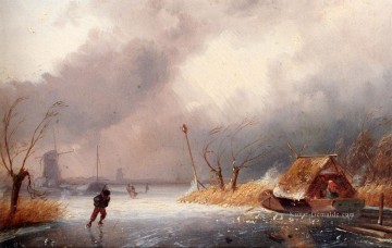  Winter Kunst - Einer Winter Landschaft mit Schlittschuhläufern auf einer gefrorenen Waterway Charles Leickert